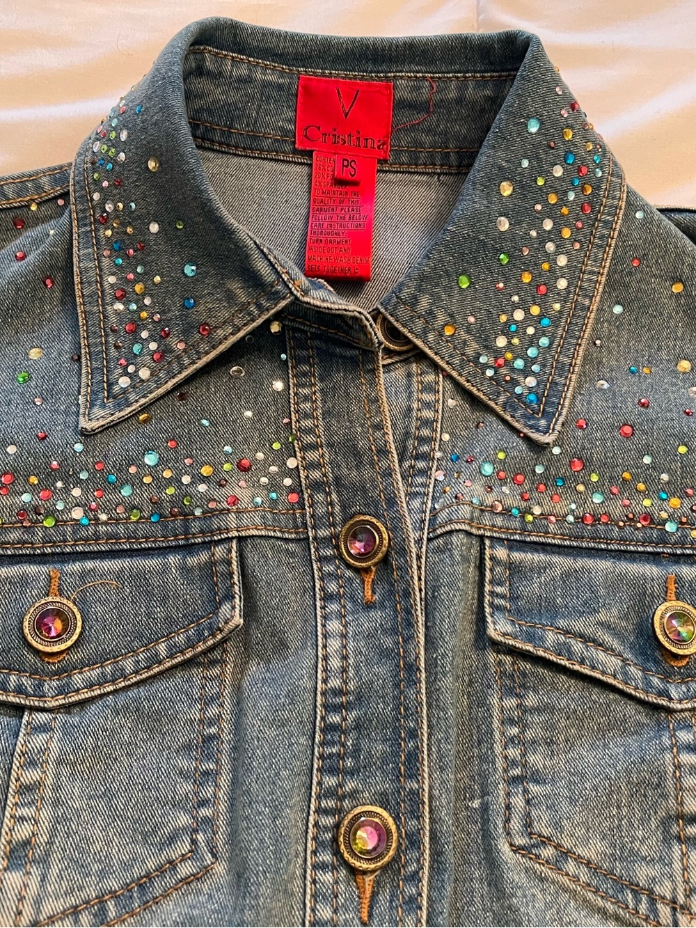 V Cristina women size PS Beaded Blue Denim short  embellishment Crystal Jacket